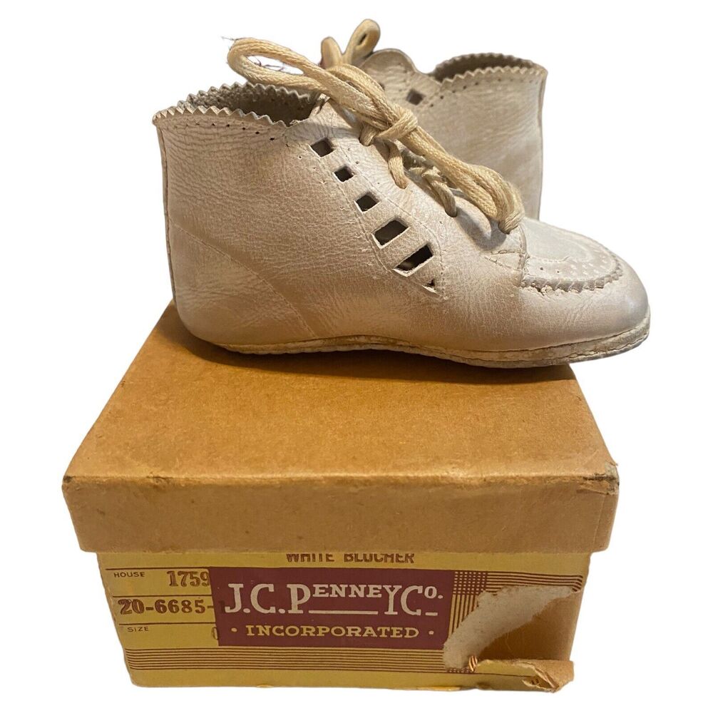 Vintage 1950s White Blucher Baby Shoes by JC Penny Co Leather Size 0 W/ Box - Picture 7 of 13